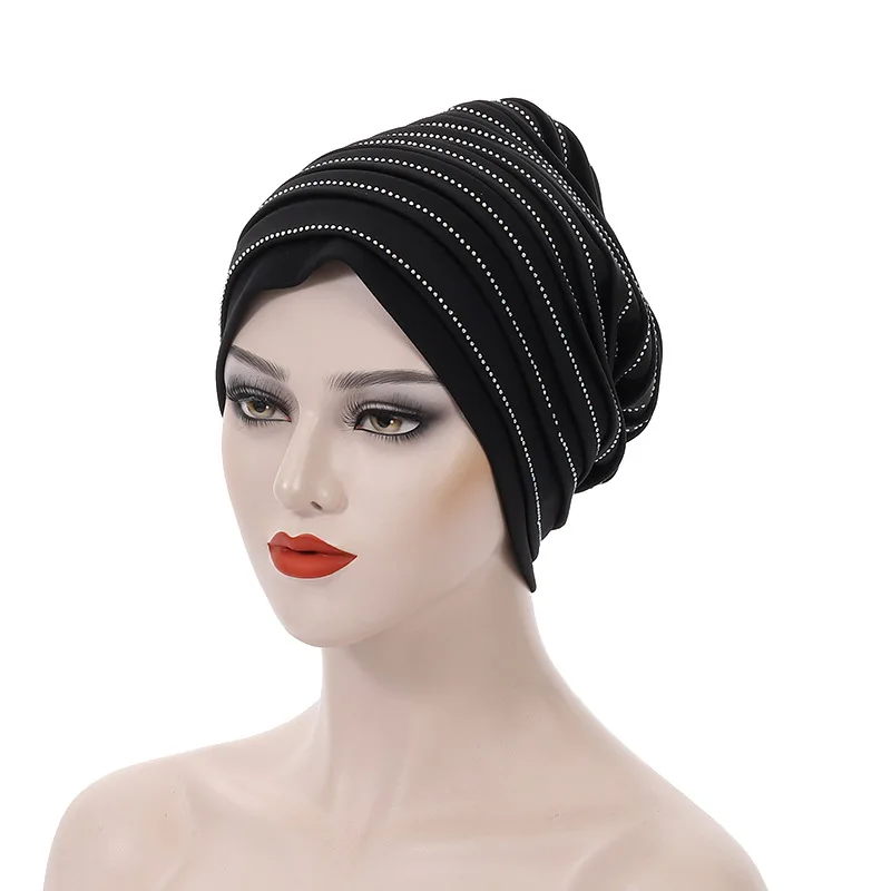 Diamonds Pleated Turban Caps for Women African Head Wraps Nigeria Party Headpiece Turbante Mujer Muslim Headscarf Hats