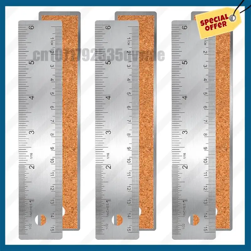 -A89Z 3피스 6인치 미끄럼 방지 금속 자 세트(코르크 베이스 포함) - 목공용 직선형 도구