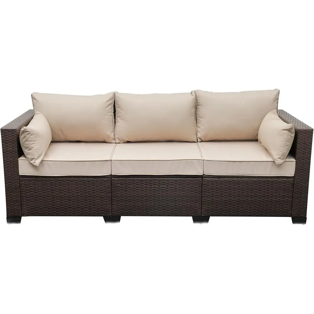 

3-Seat Outdoor Rattan Sofa Set in Brown Wicker with Deep Seating and Beige Cushions