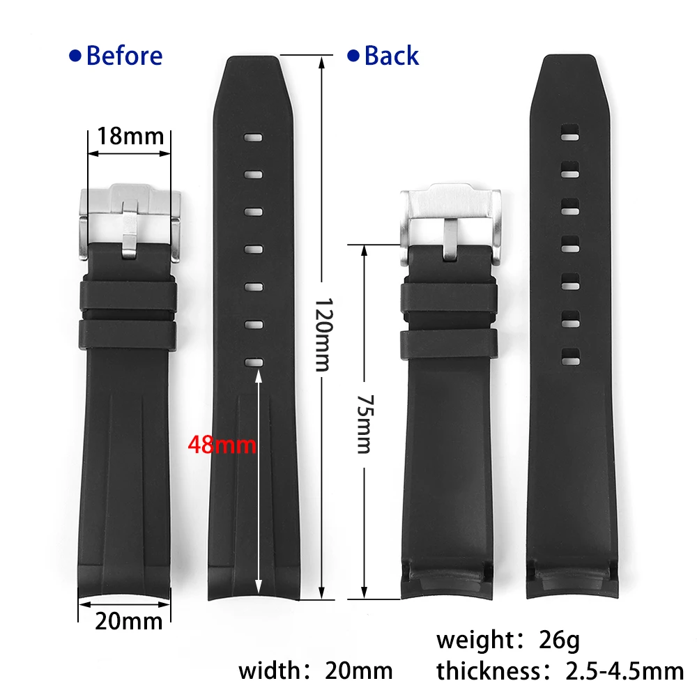 Fluoro Rubber Strap 20mm Curved End Replacement Wristband Sport Waterproof FKM Watch Band for Women Men Watch Accessories