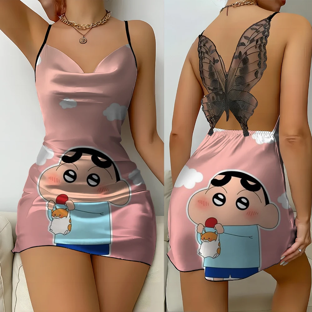 Krayon motif kartun Anime Crayon shin-chan rok suspender punggung terbuka renda kupu-kupu seksi santai dan nyaman