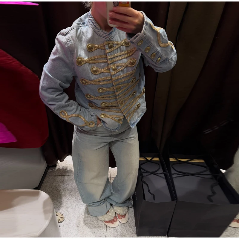 Damen-Denim-Mäntel mit Stehkragen, Froschknöpfen, Langen Ärmeln, Napoleon-Jacken, Herbst, Einreihige, Paneelierte Neue Oberbekleidung – Detail 10