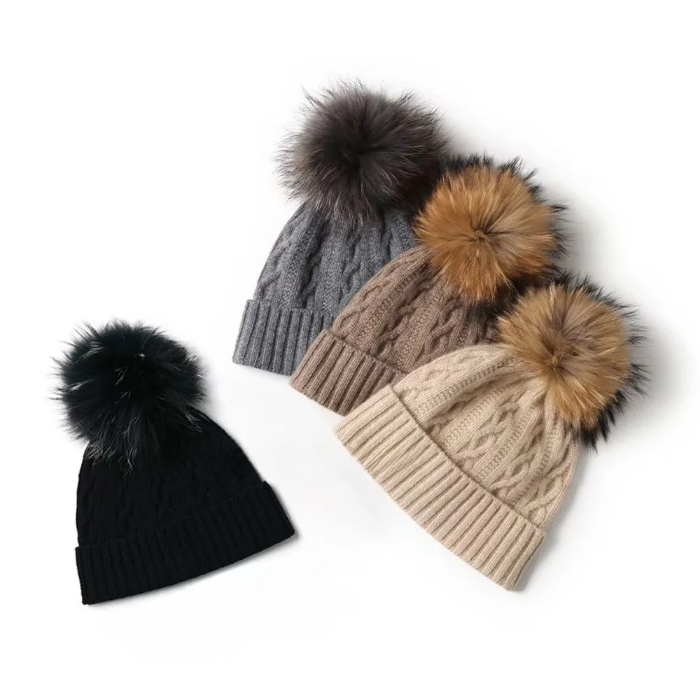 thiened-double-tricot-camere-chapeau-vrais-cheveux-boule-fil-tricote-femmes-chapeau-d'hiver-chaud-haut-rond-jeunesse-faion-street-wear