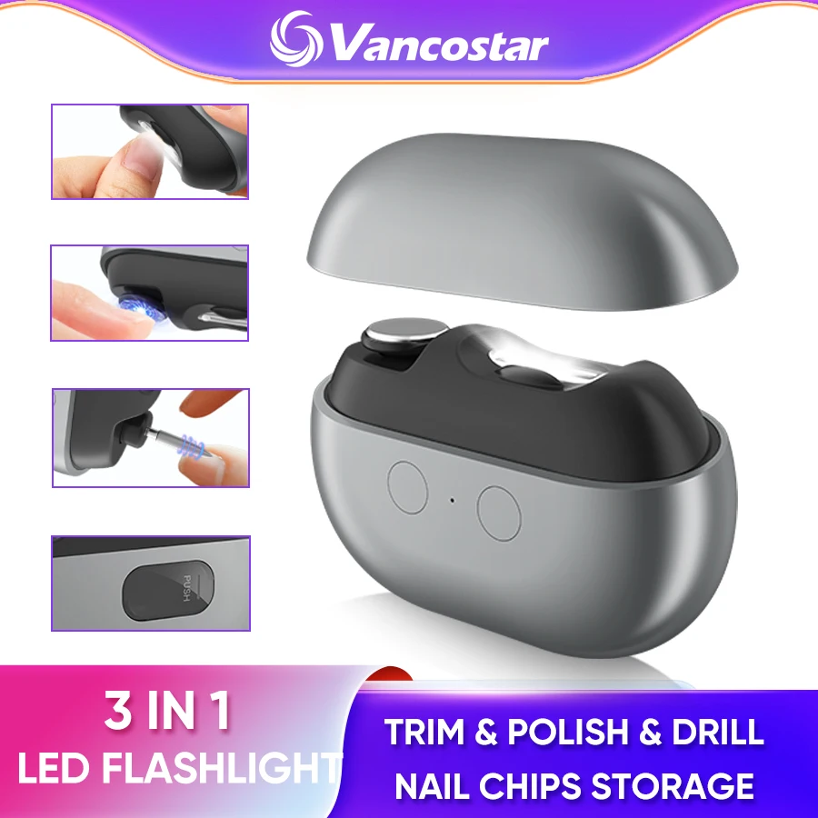 

Mini Electric Nails Clipper 3 in 1 Trimmer Polisher Drill LED Flashlight Nail Dust Collector Portable Automatic Nail Care Tool