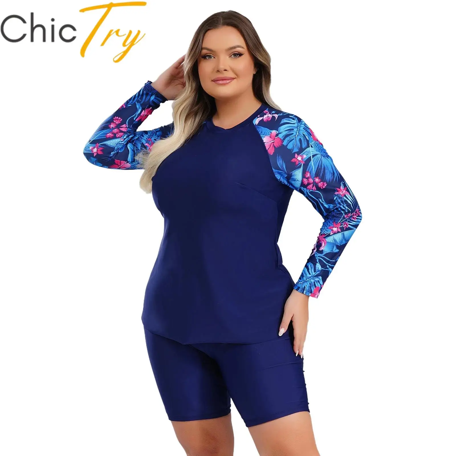 

Womens Two Pieces Swimsuit Beach Outfits Long Sleeve Padded Swim Sets Top with High Waist Shorts Tropical Print Bathing Suits