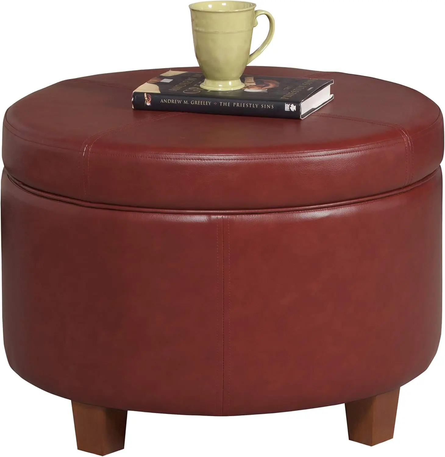 Round Leatherette Storage Ottoman with Lid, Cinnamon Red Large