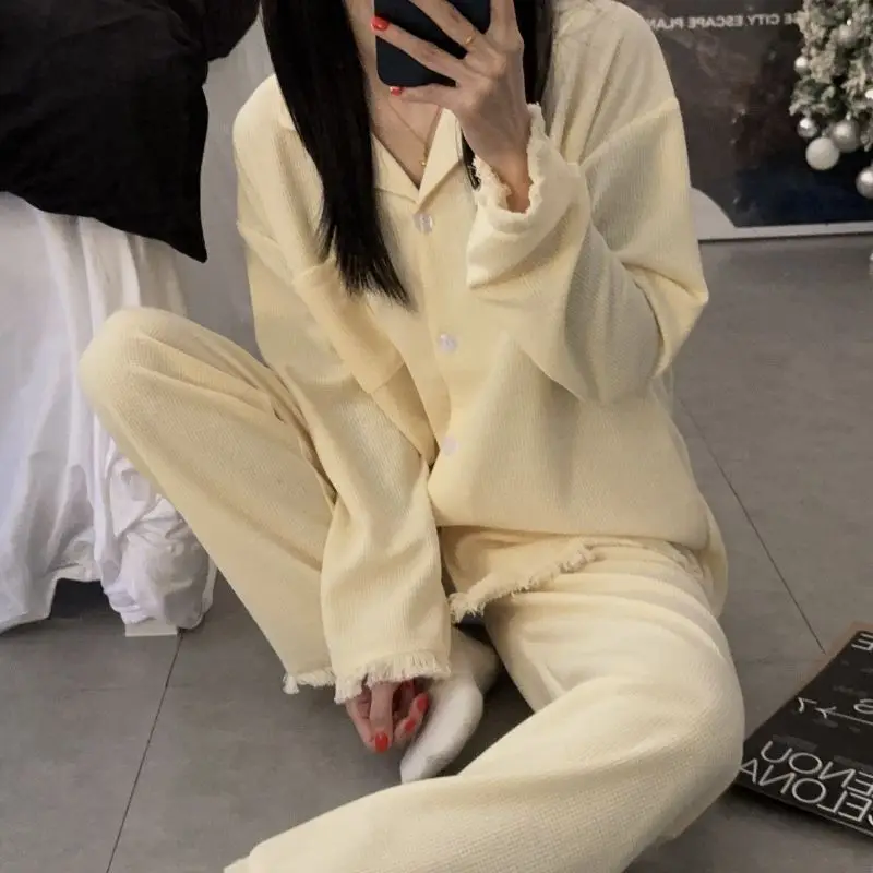 Pajamas Women Spring Autumn Loungewear Cotton Long Sleeves Lapel Oversized Sleepwear Dormitories Large Size V-neck Home Clothing