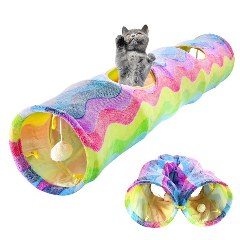 Pet Cat Tunnel Collapsible 4 Holes Indoor Outdoor Tube Kitten Funny Rainbow Tunnel Cat Pet Toy Space-Saving Cat Training Toy