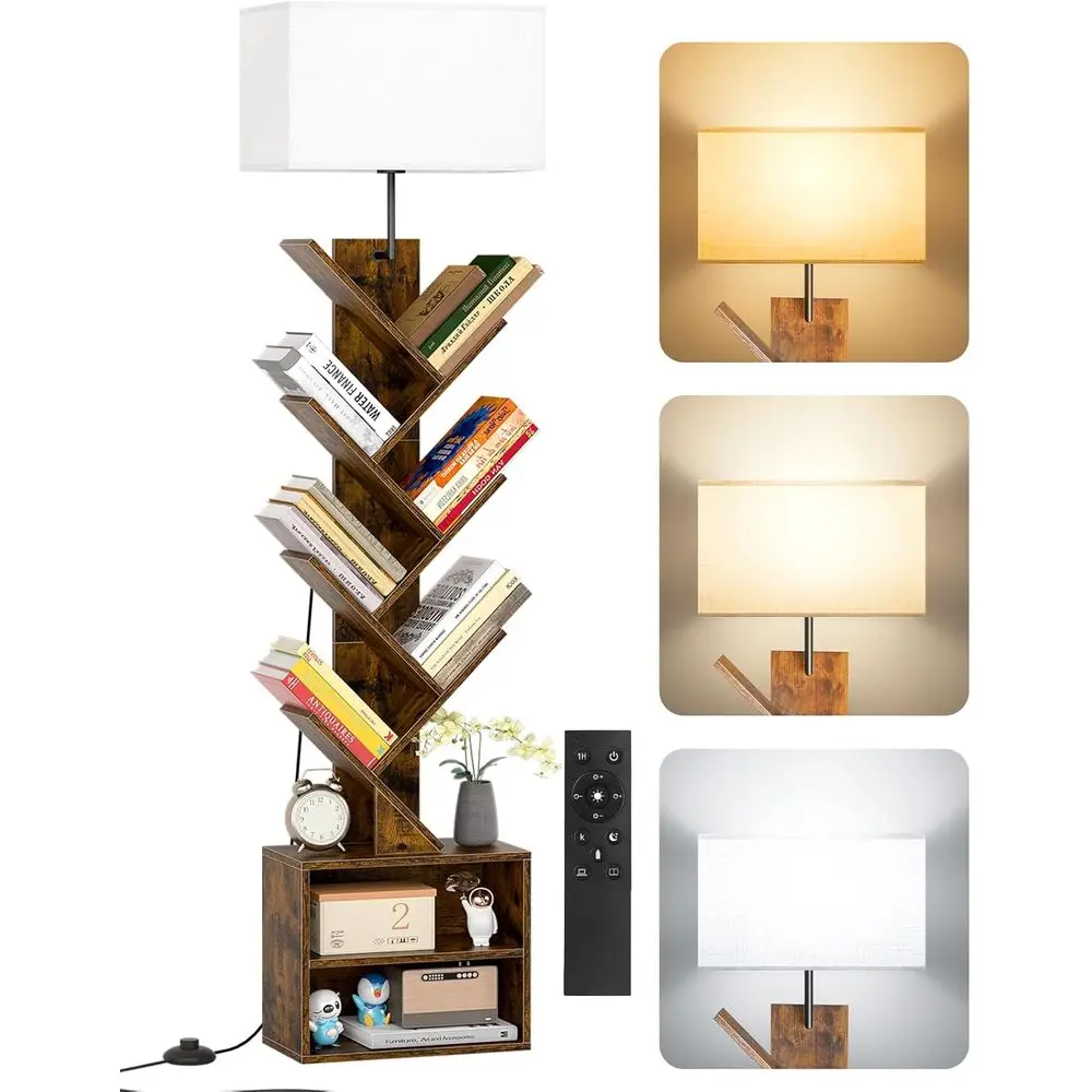 

Dimmable 9-Tier Floor Bookshelf with Light, Remote, Timer, and Cabinet - Rustic Brown Wooden Corner Bookcase for Home and Office