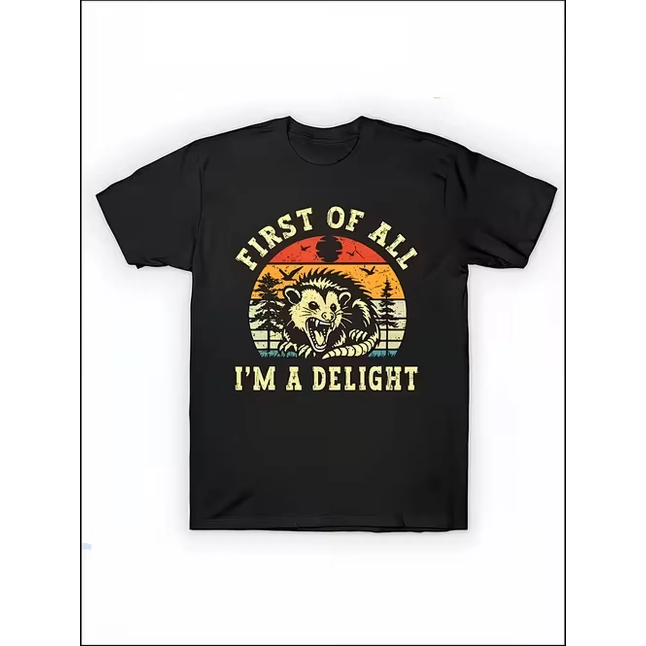 Men T Shirt Featuring A Humorous Opossum Graphic With The Text Im A Set Against A Vintage Sunset Background With Trees And Birds Pure Cotton Christmas