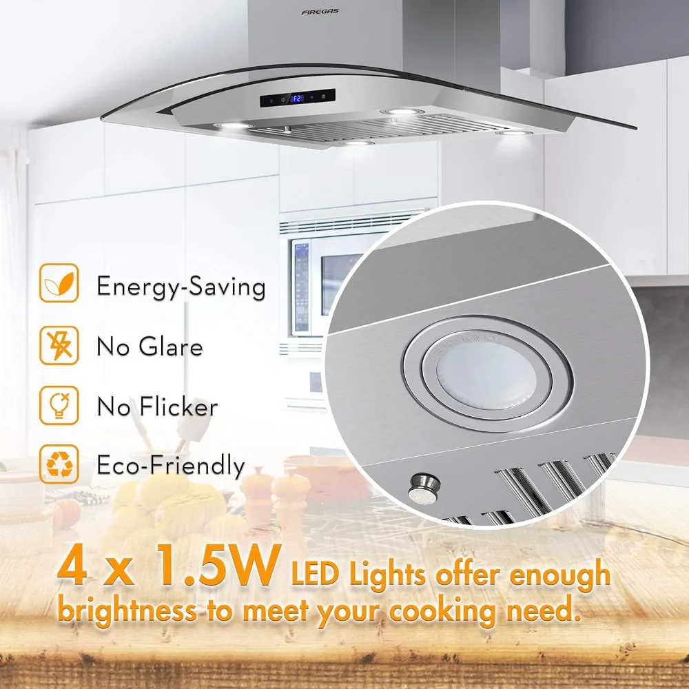 Cappa da cucina 30 pollici 450 CFM con camino, cappa da cucina con montaggio a soffitto con vetro temperato, 4 luci a LED, filtri permanenti