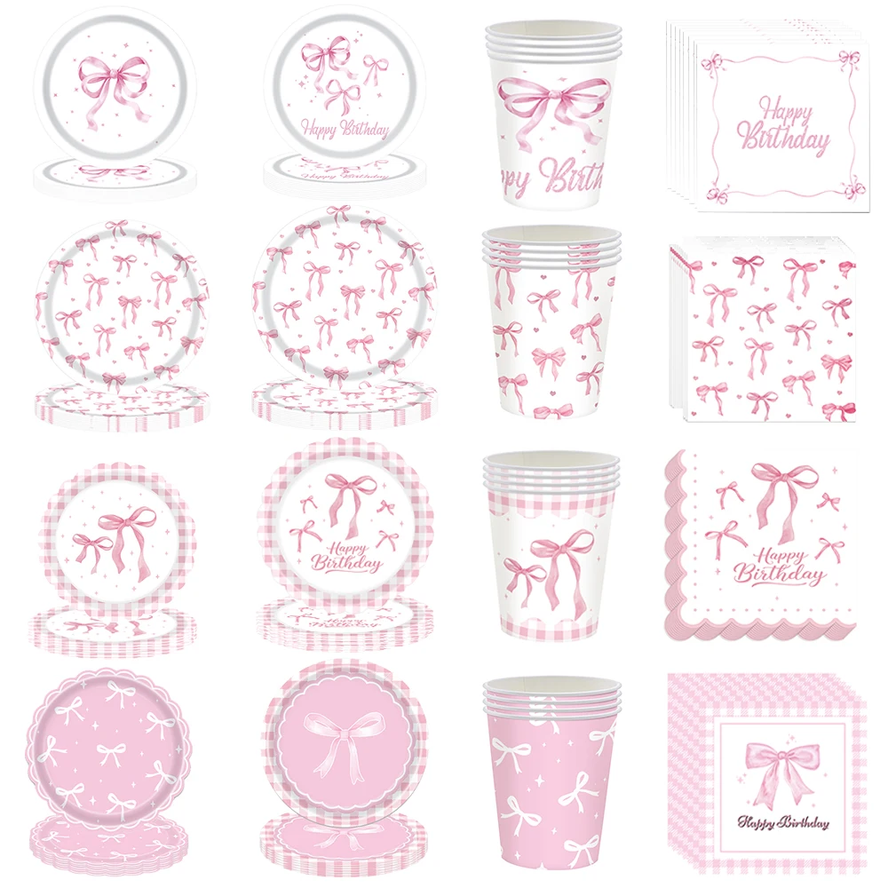 【セール中】女の子女性ピンクの弓誕生日使い捨て食器パーティーの装飾ベビーシャワー独身パーティー弓紙皿カップパーティーサプライヤー