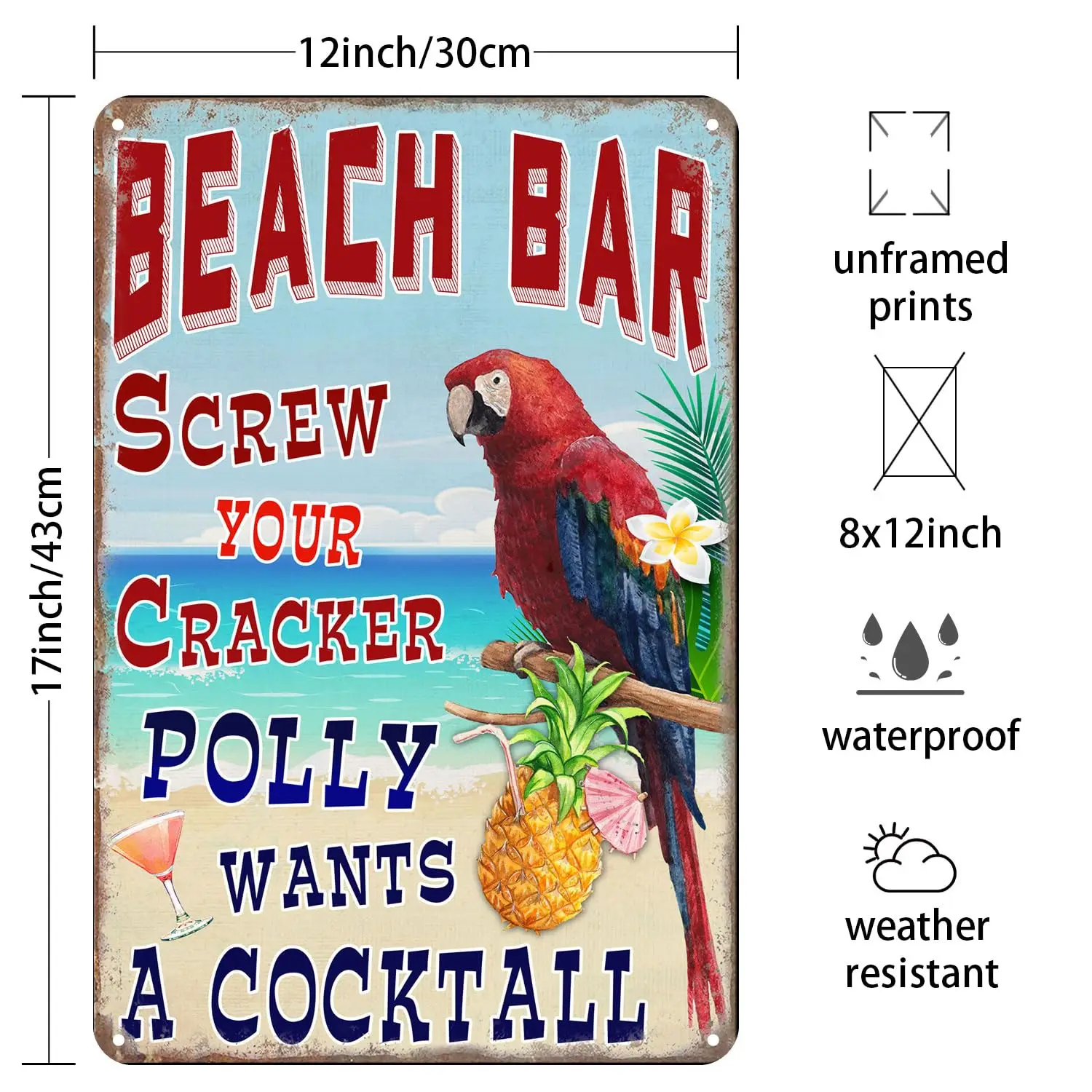 Beach Bar Tin Sign Screw The Cracker Polly Wants a Cocktail Pool Deck Pub Man Cave Wall Decor Sign 12x17 Inches