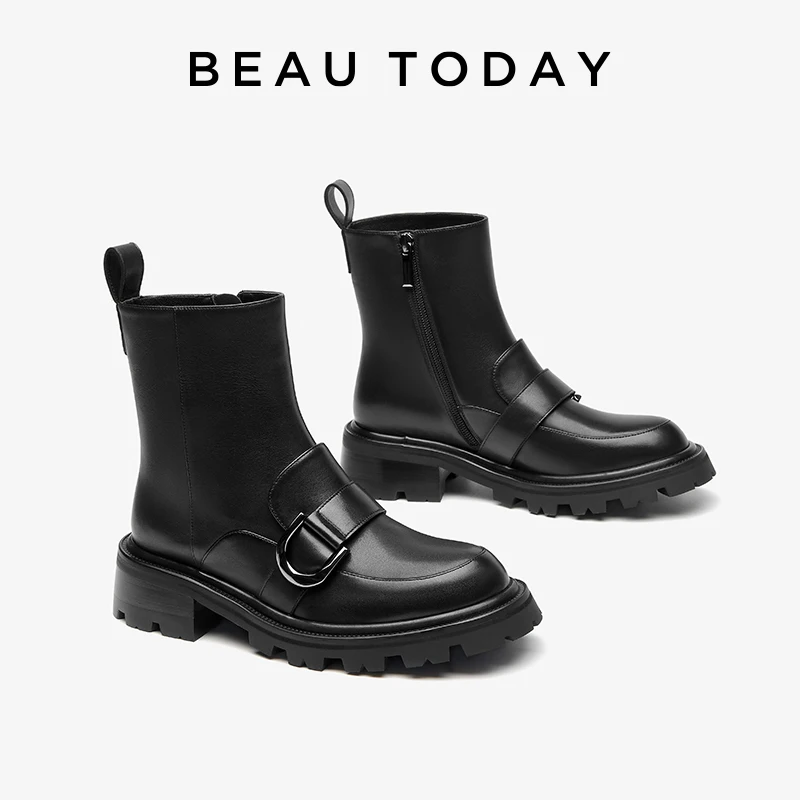 BEAUTODAY Black Boots Women Genuine Cow Leather Slip-on Solid Color Metal Buckle Design Ladies Shoes Handmade RU03A63