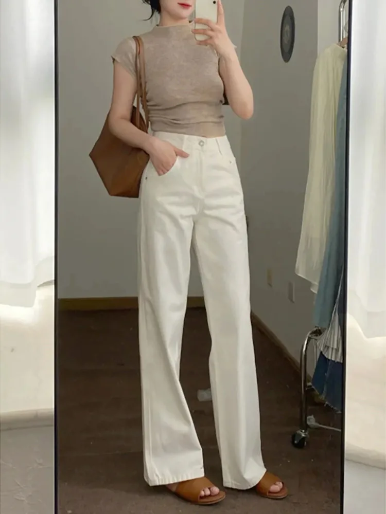 

White Wide Leg Jeans Women's Summer Thin Loose Drapey High Waist Slimming Long Floor-Length Straight Cut Trousers