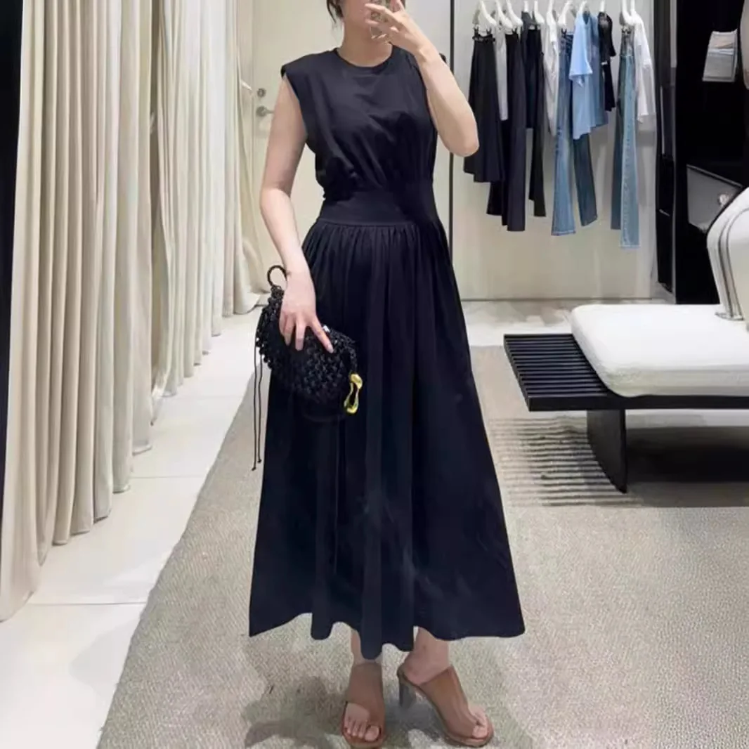 

Dave&di Leisure Commuting Shoulder Pads, Sleeveless Waist Cinching, Pure Cotton T-shirt, Long Skirt, Dress Woman Clothes Dress