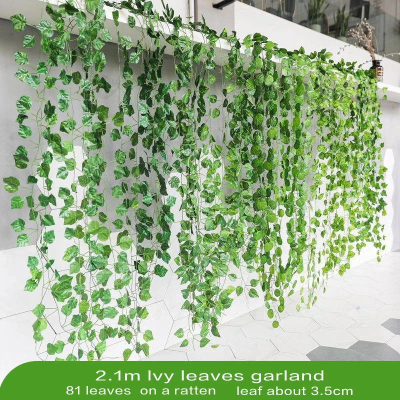 Artificial Plant 2.1M Green Ivy Leaf Wreath Silk Wall Hanging Vine Family Garden Decoration Wedding Party DIY Fake Wreath Leaves