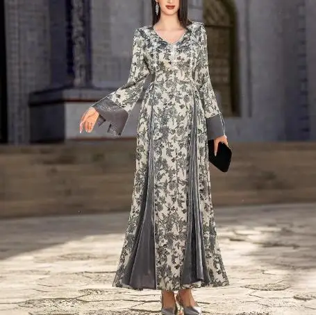 

2025 Autumn/winter New Women's Fashion Elegant V-Neck Long Sleeve Casual Waist Printed Large Swing Long Skirt Women's Wear