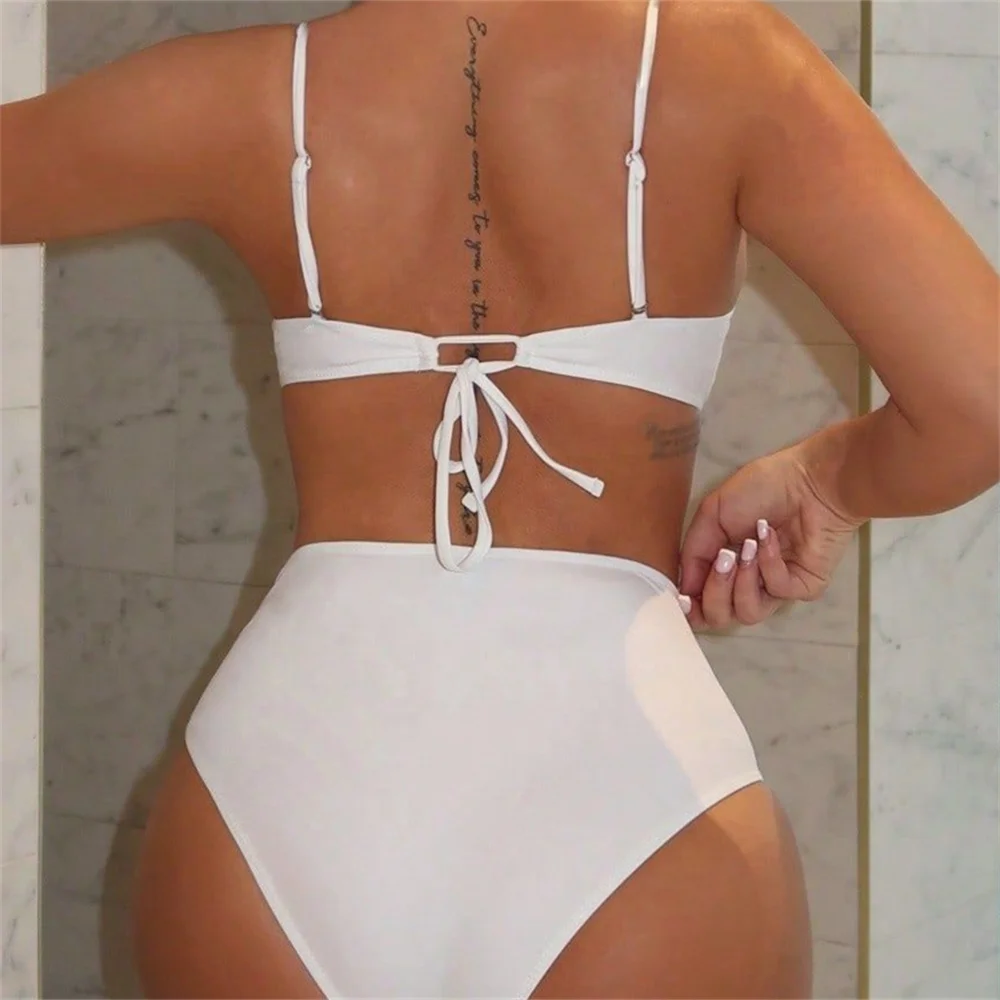 Blanc fronde Bikini soutien-gorge dos à lacets maillot de bain Push Up à armatures taille haute vacances maillots de bain coussinets femmes maillot de bain tenue de plage