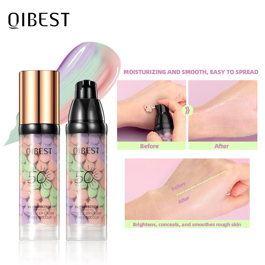 QIBEST Three Color Press Release Cream Concealer Isolate Makeup Base Brightening Cream Liquid Concealer Face Primer 3PC Sets
