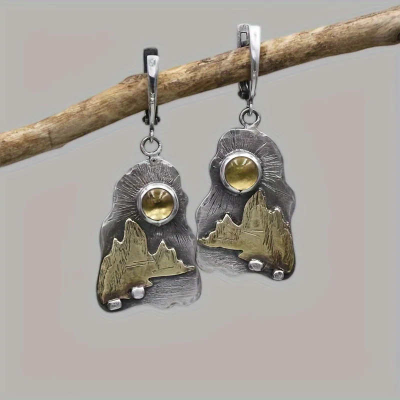 Retro Fashion Inlaid Synthetic Stone Carving Mountains And Rivers Sun Ladies Earrings Jewelry Gifts