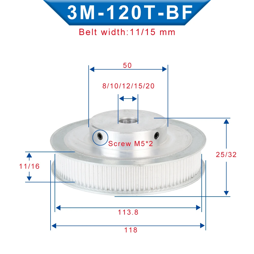 Timing Pulley 3M-120T BF Shape Bore 8/10/12/15/20 mm Aluminum Material Pulley Circular Arc Tooth For 3M Timing Belt Width 10mm