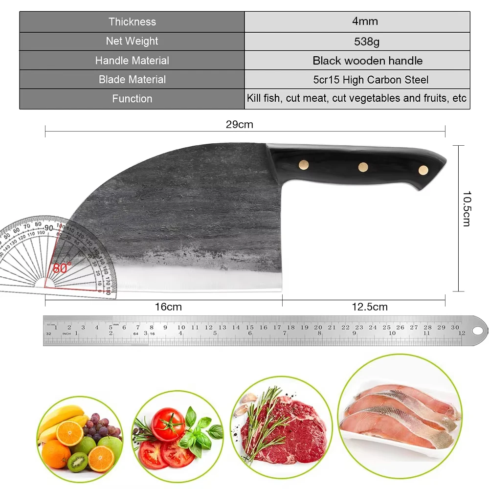 Hand-Forged Professional Butcher Knife Full Tang High-Carbon Steel Sharp Chinese Chef Knife Pork Beef Lamb Poultry Cutting Knife