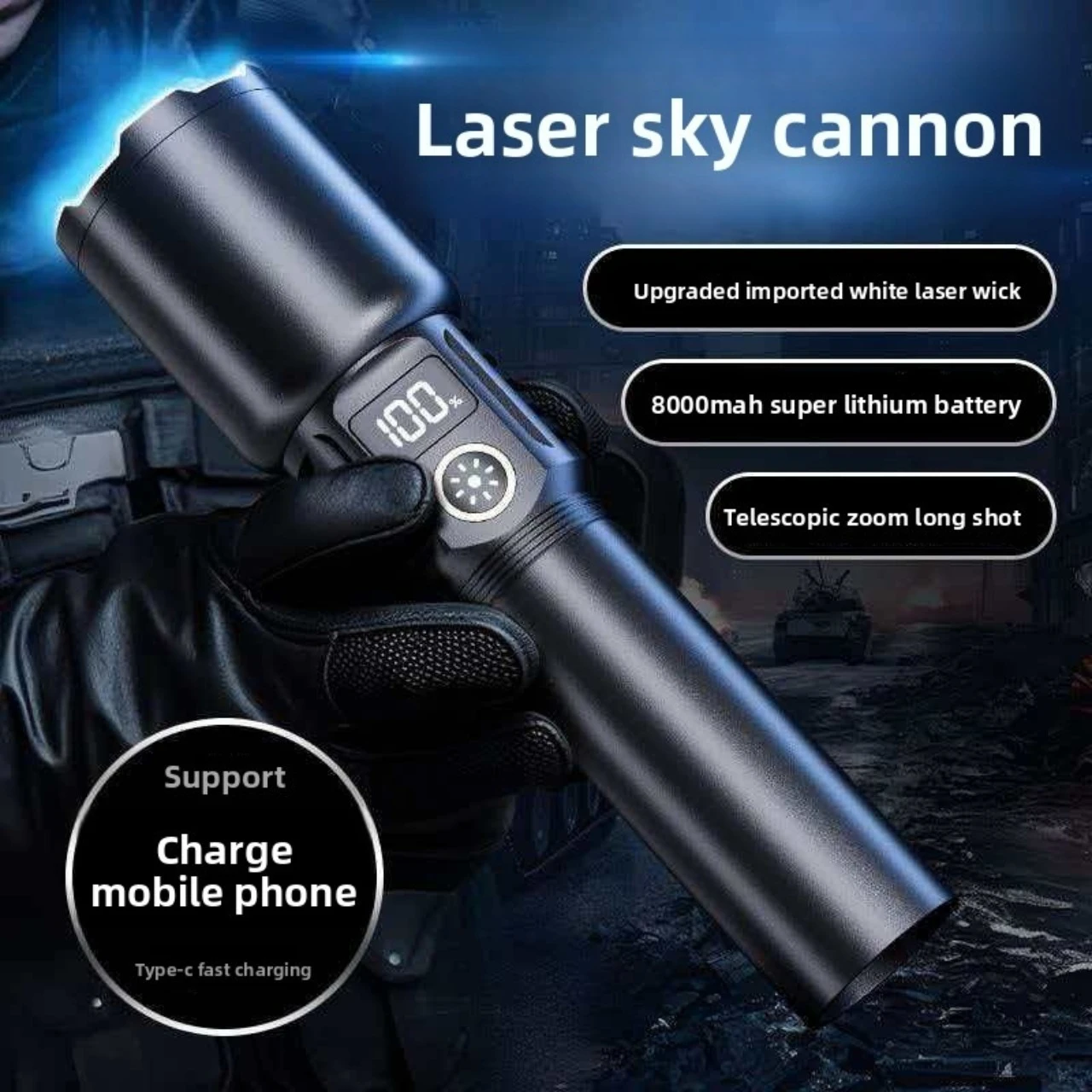 

Ultra bright LED flashlight with zoom and battery indicator light, USB charging camping light flash