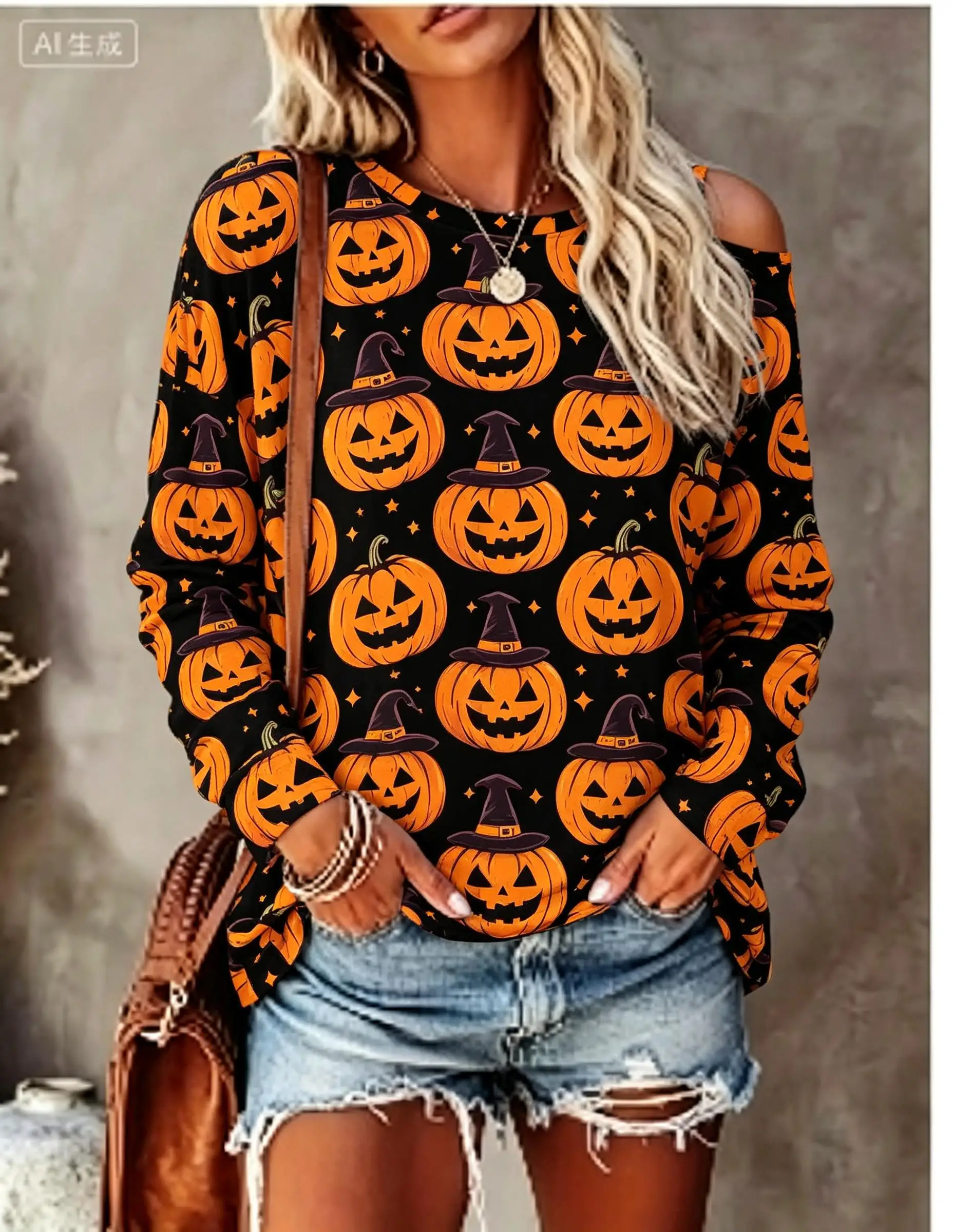 Women Halloween Long Sleeve T‑Shirt All‑Over Pink Pumpkin Witch Hat Bat Print Crew Neck Tops