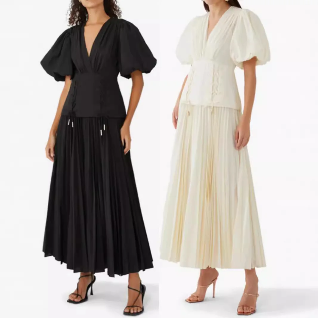 

Лето 2025 г., хит продаж, новое повседневное однотонное платье с рукавами пять четвертей и v-образным вырезом на шнуровке