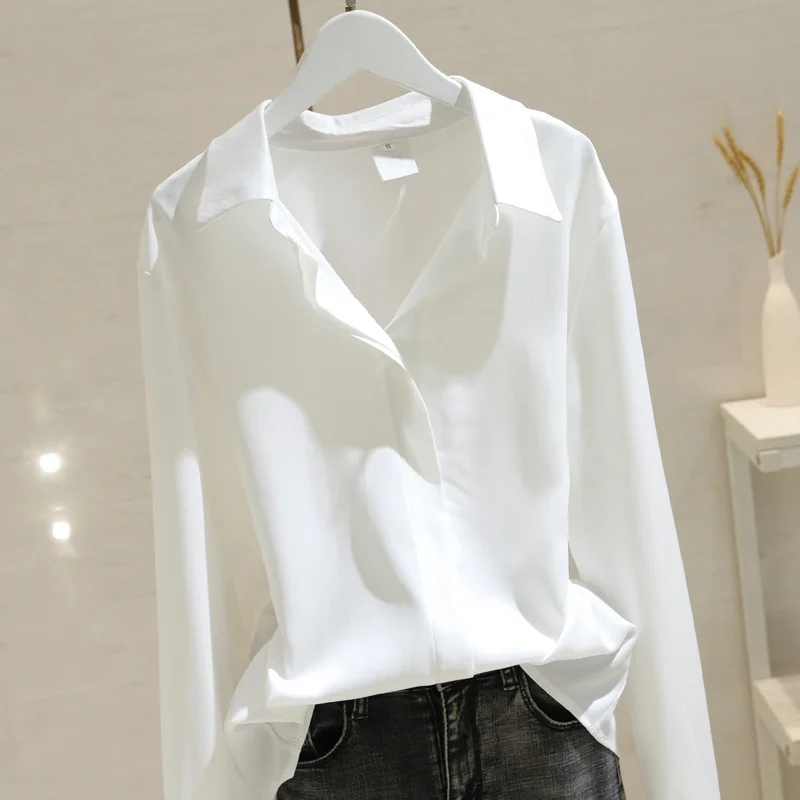 

White Chiffon Women Shirts Summer Turn-Down Collar Long-Sleeved Elegant Office Lady Outwear Tops