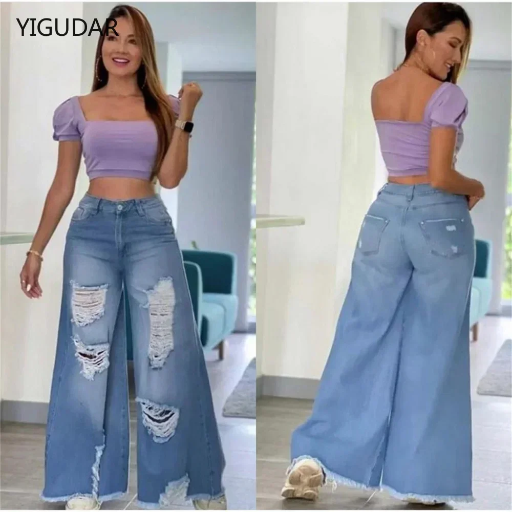 Streetwear Straight Pants women Ripped Jeans High Waist Loose Wide Leg Pants Ladies Jeans Y2K Summer mon jeans baggy pants women