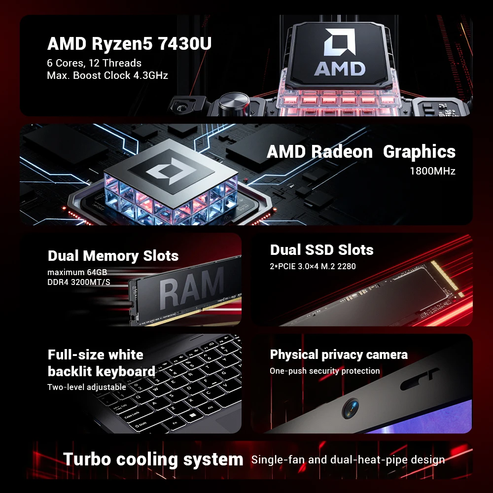 Firebat Laptop AS1 AMD Ryzen5 7430U 16GB DDR4 3200Mhz 512GB SSD 15,6 Zoll IPS Windows 11 Notebook Typ-C Wifi6 Volltastatur – Detail 4