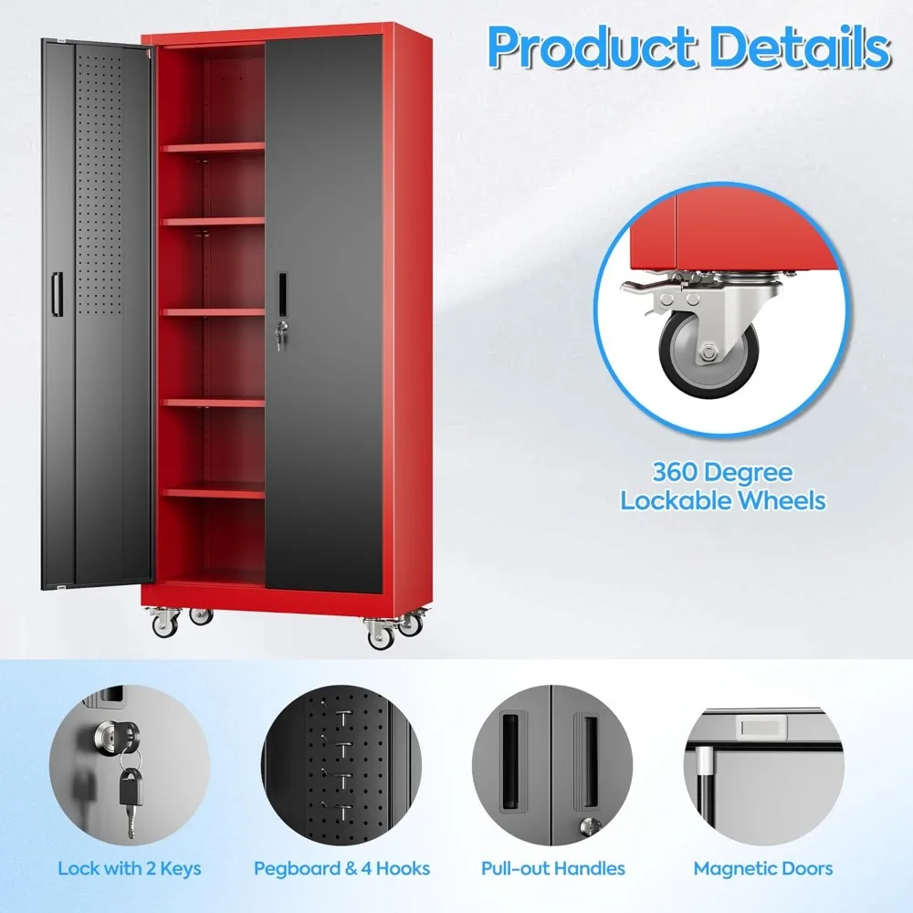 Gabinete de almacenamiento de metal con cerradura ajustable de 5 estantes con ruedas, 71 alto x 32 ancho x 16D, almacenamiento de garaje con ganchos y tablero perforado