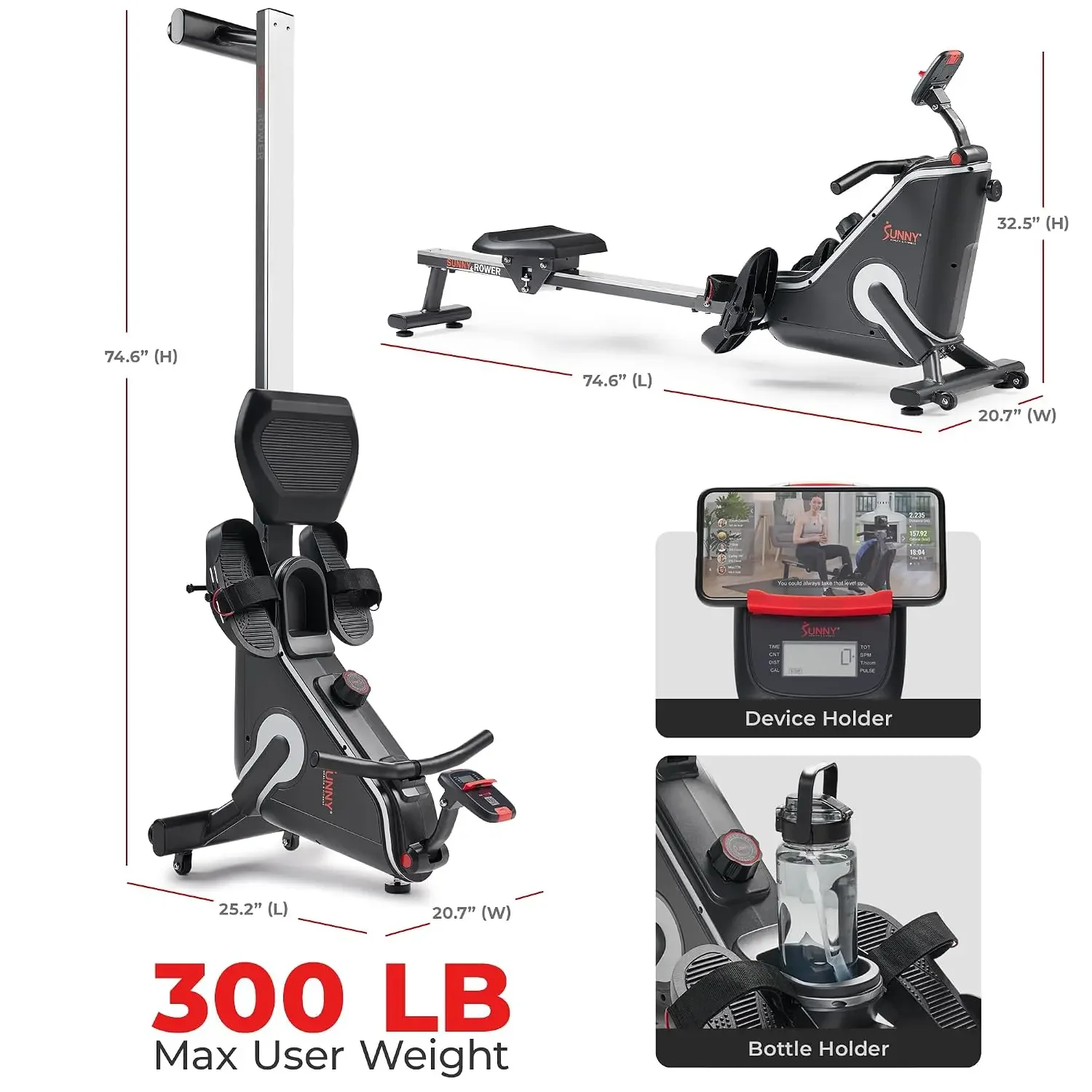 Smart Flippable Magnetic Rower, 50 Inches Quiet & Smooth Stainless Steel Slide Rail, Full-Body Low-Impact Exercise, Customized