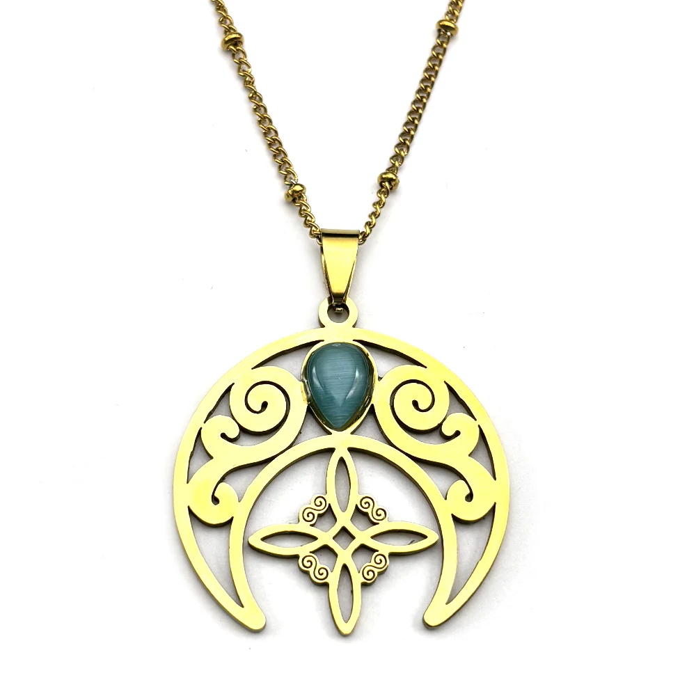 Edelstahl Hohl Crescent Moon Hexe Knoten Keltische Anhänger Halskette für Frauen Männer Gold Farbe Amulett Kette Halsketten Schmuck – Detail 6