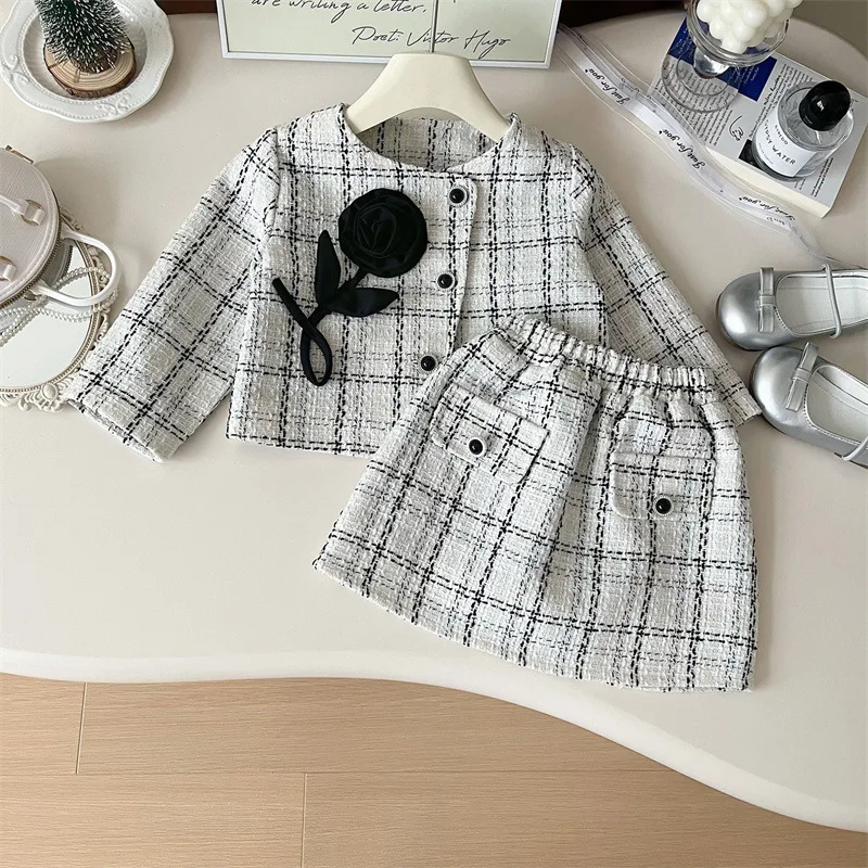

Korean Autumn Children Girl 2PCS Clothes Set 3D Flower Round Collar Outwear Coat Suit Elastic Waist Kid Girl Plaid Skirt Outfits