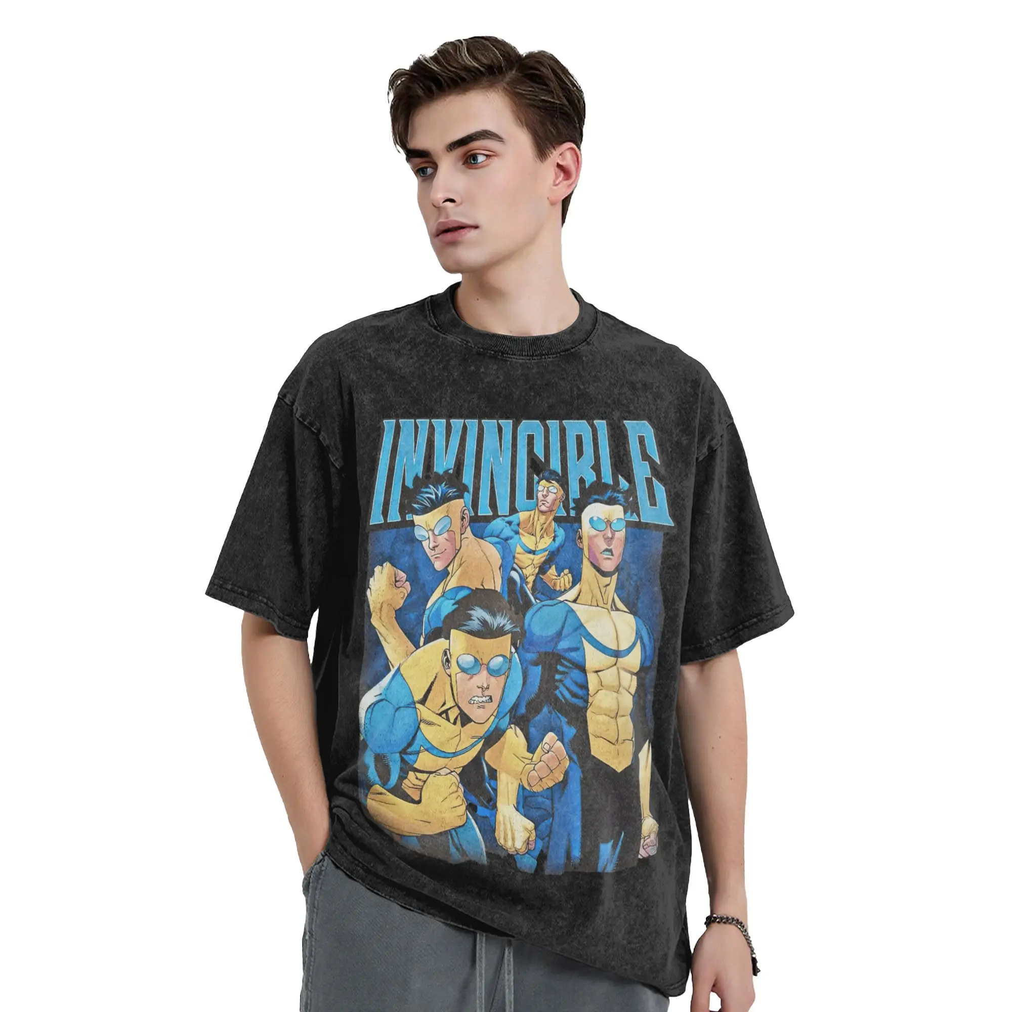 Fun Invincible T-Shirt Men O Neck Cotton Washed T Shirts Mark Grayson Short Sleeve Tee Shirt Gift Idea Clothing