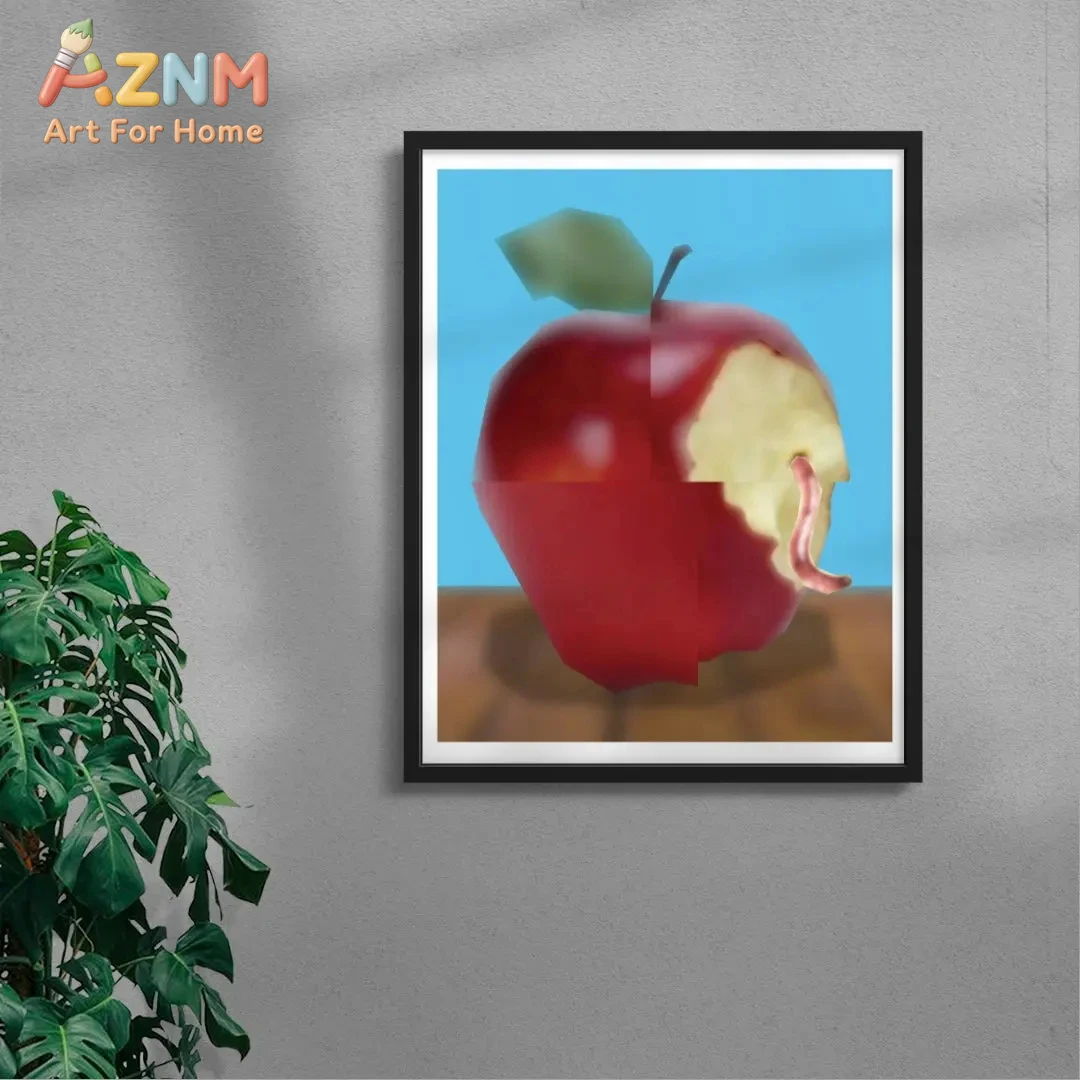 

Retro Low Poly Apple & Worm Framed Wall Art - 90s Digital Nostalgia Print Funny Decor for Home Office