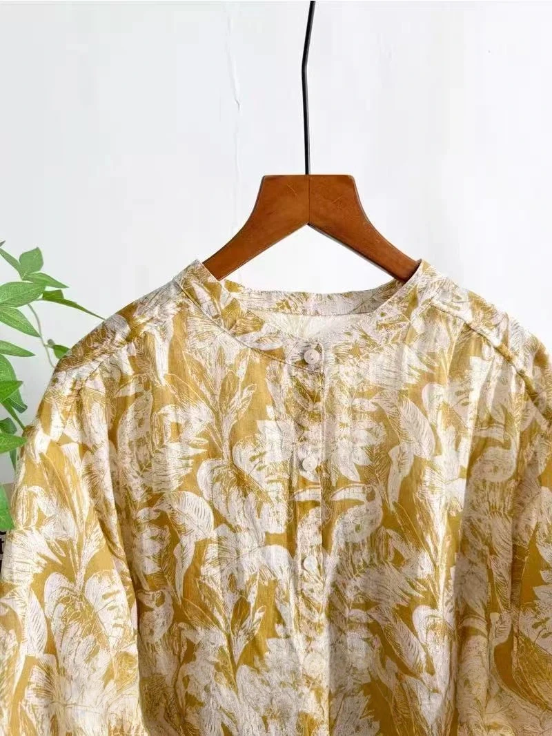 2026 Women's 100% Ramie Linen Short Sleeve Blouse Loose Fit Vintage Tropical Leaf Print Stand Collar Casual Summer Shirt