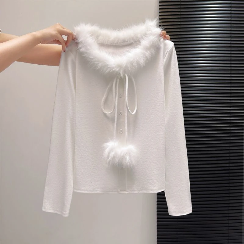 Kawaii Slim Fit T Shirt Women Sweet Long Sleeve Fur Collar Patchwork Cute Tees Preppy Lace Up Bow Fluff Ball Bottoming Tops New