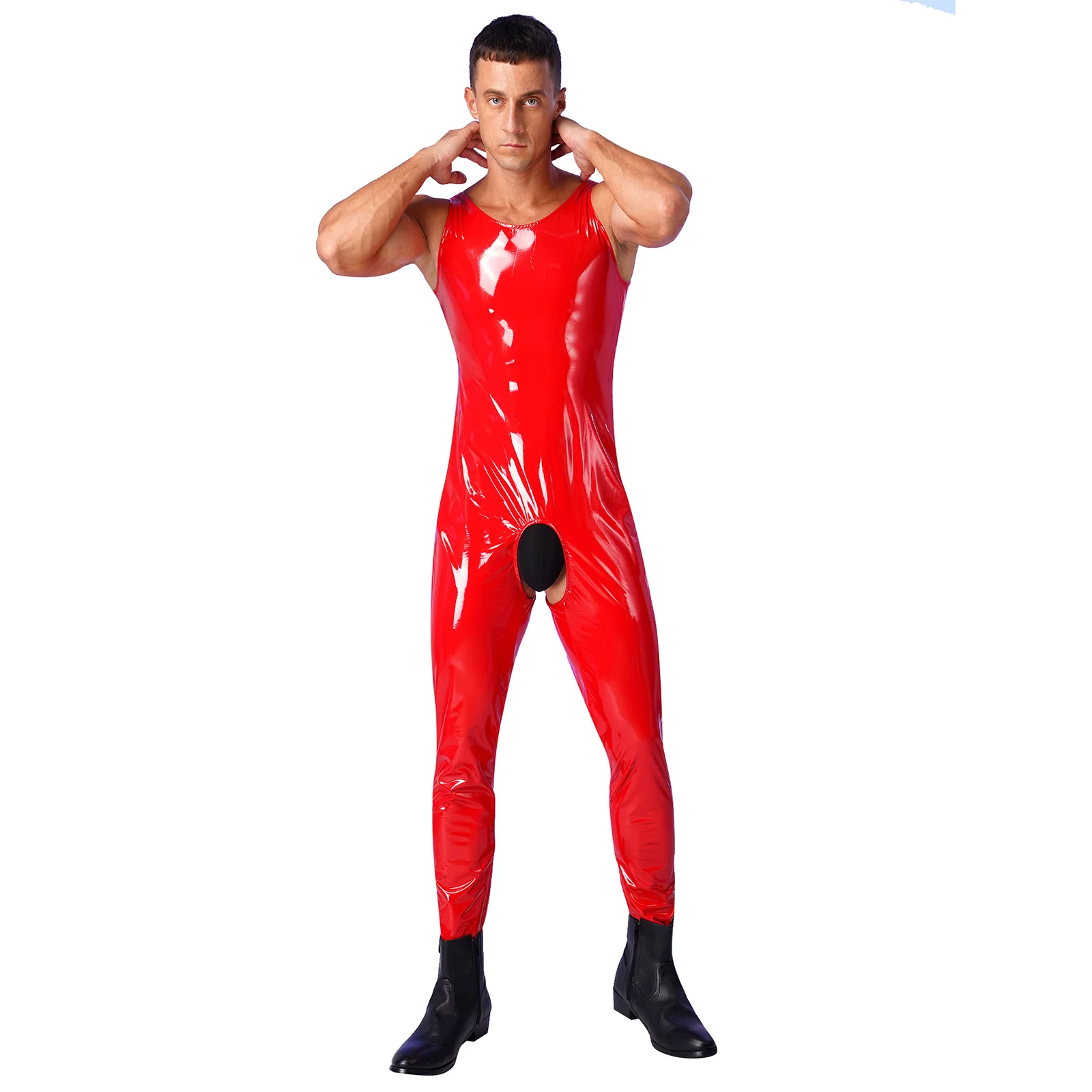 Mens Lingerie One-piece Costume Wet Look Patent Leather Bodysuit U Neck Sleeveless Crotchless Catsuit Leotard Jumpsuit Clubwear