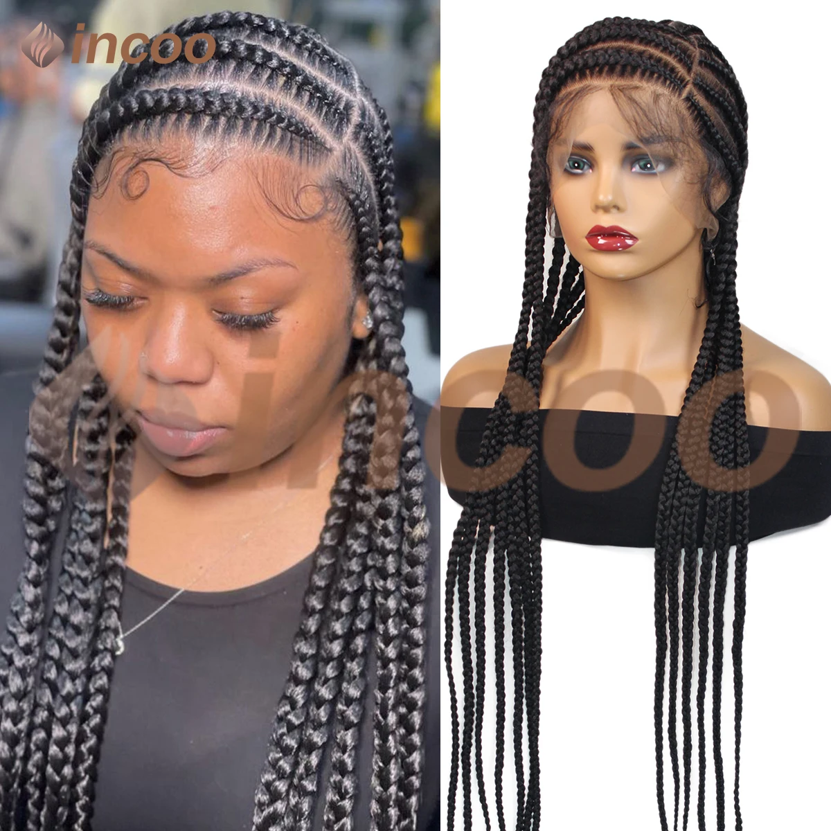 

36" Side Part Braided Wigs For Black Women Full Lace Knotless Box Braided Wig Synthetic Cornrows Braids Lace Wigs