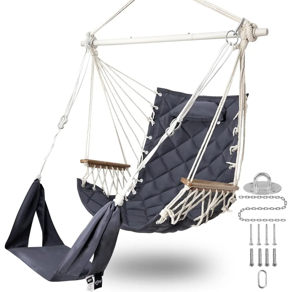

Patio Swing Chair with Adjustable Footrest & Headrest-Quilted Fabric&Steel Spreader Bar, Wooden Armrests for Porch/Garden;350lbs