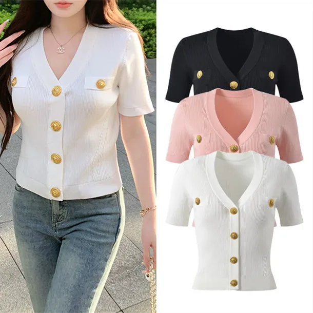 

Ele Parisian Sle ort Sve V-Ne Knitted Open Cardigan Slim Fit Versatile Women's Top High-End Version with Gold Bu...