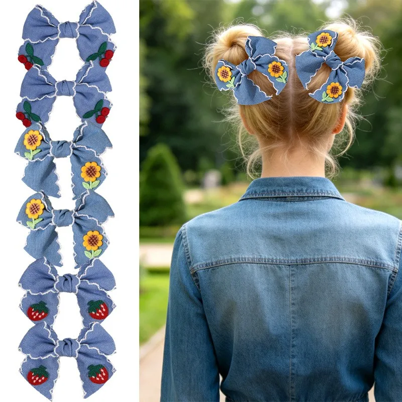 36pc-denim-blue-bow-hair-clips-for-girls-with-frill-edge-cherry-strawberry-floral-embroidery-kids-hair-accessories-barrettes