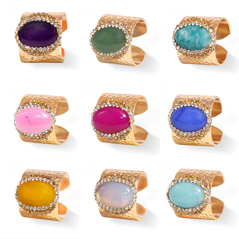 

Handmade genuine natural crystal dot ring, horse eye-shaped color dot crystal hemming inlay, adjustable ring