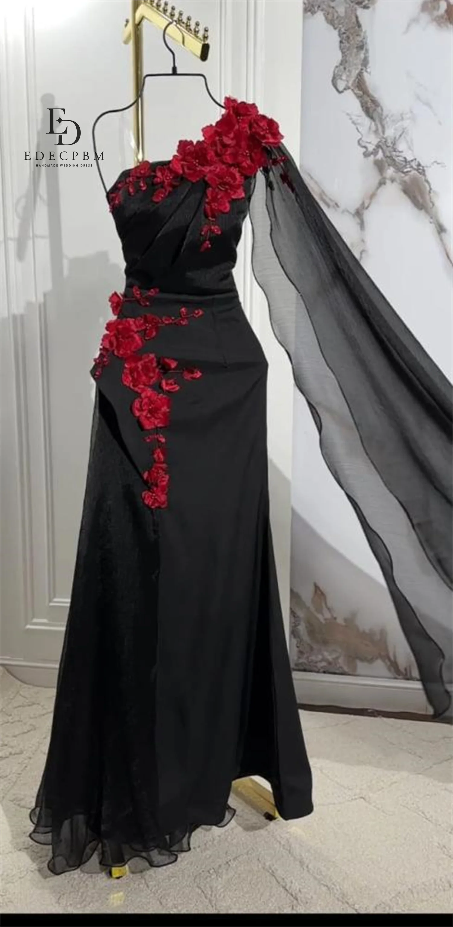 EDECPBM Robes De Festa Robes De Soirée Élégantes 2025 فساتmaveraRobe De Soirée pour Femmes Personnalisées Fleurs 3D Châle Noir Bal
