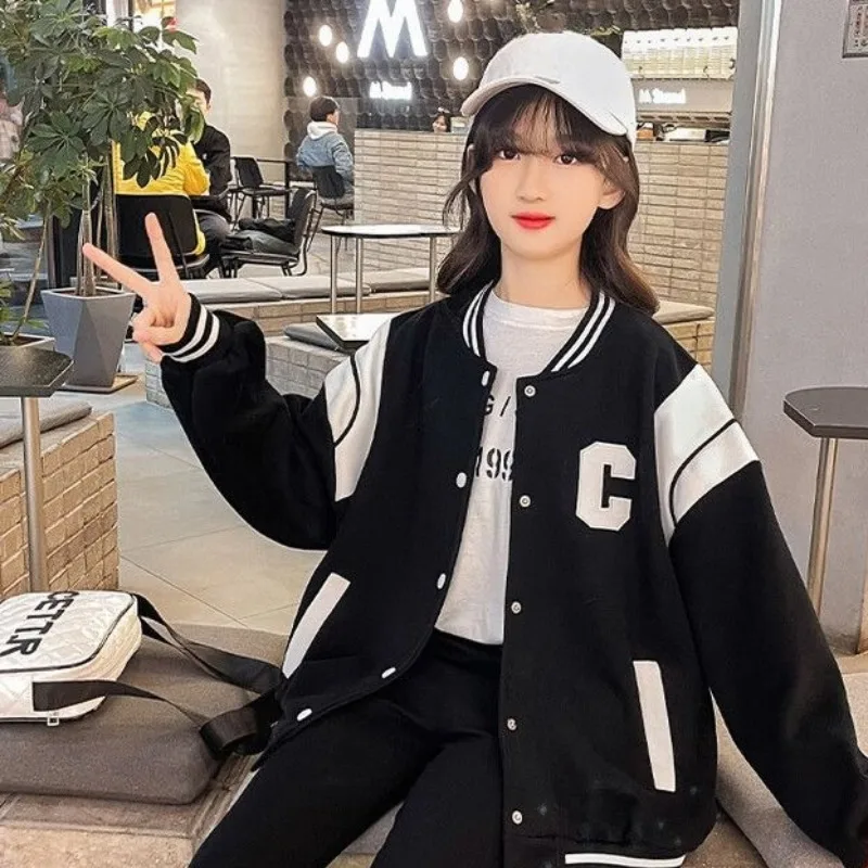 2025 Winter New Girls' Oversized Cotton Baseball Jacket for Toddler Big Kids Fleece Lined Stylish Versatile