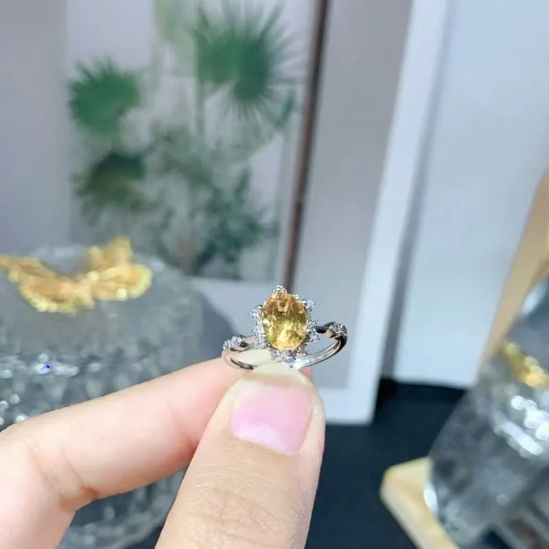 العتيقة نظرة 925 الفضة سيترين خواتم 6 مللي متر * 8 مللي متر 1ct السترين الطبيعي مجوهرات 18K مطلية بالذهب الأصفر كريستال الدائري